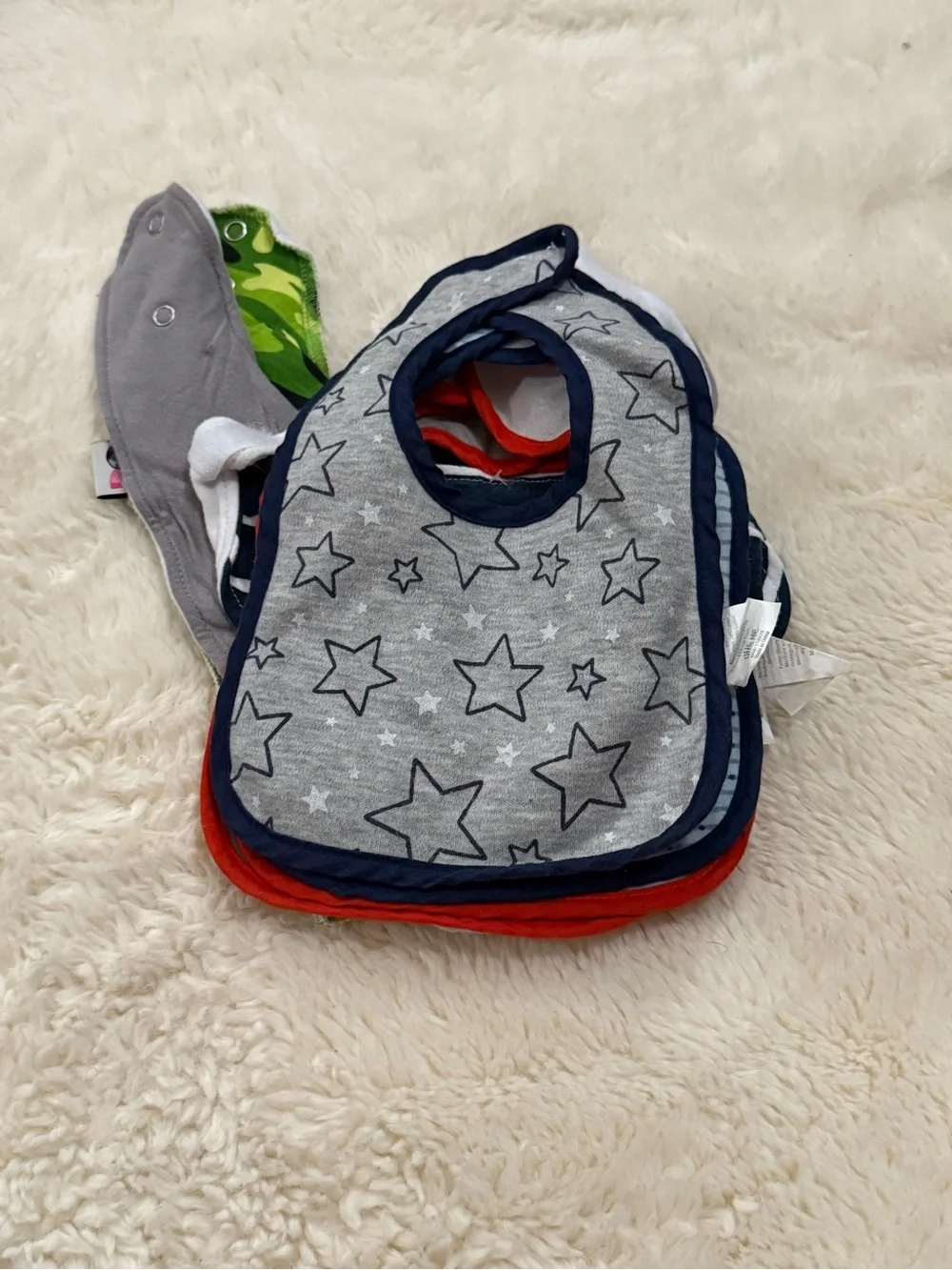 Grey Star Print Baby Bib Set with Navy Trim - Pack of Kids Accessories